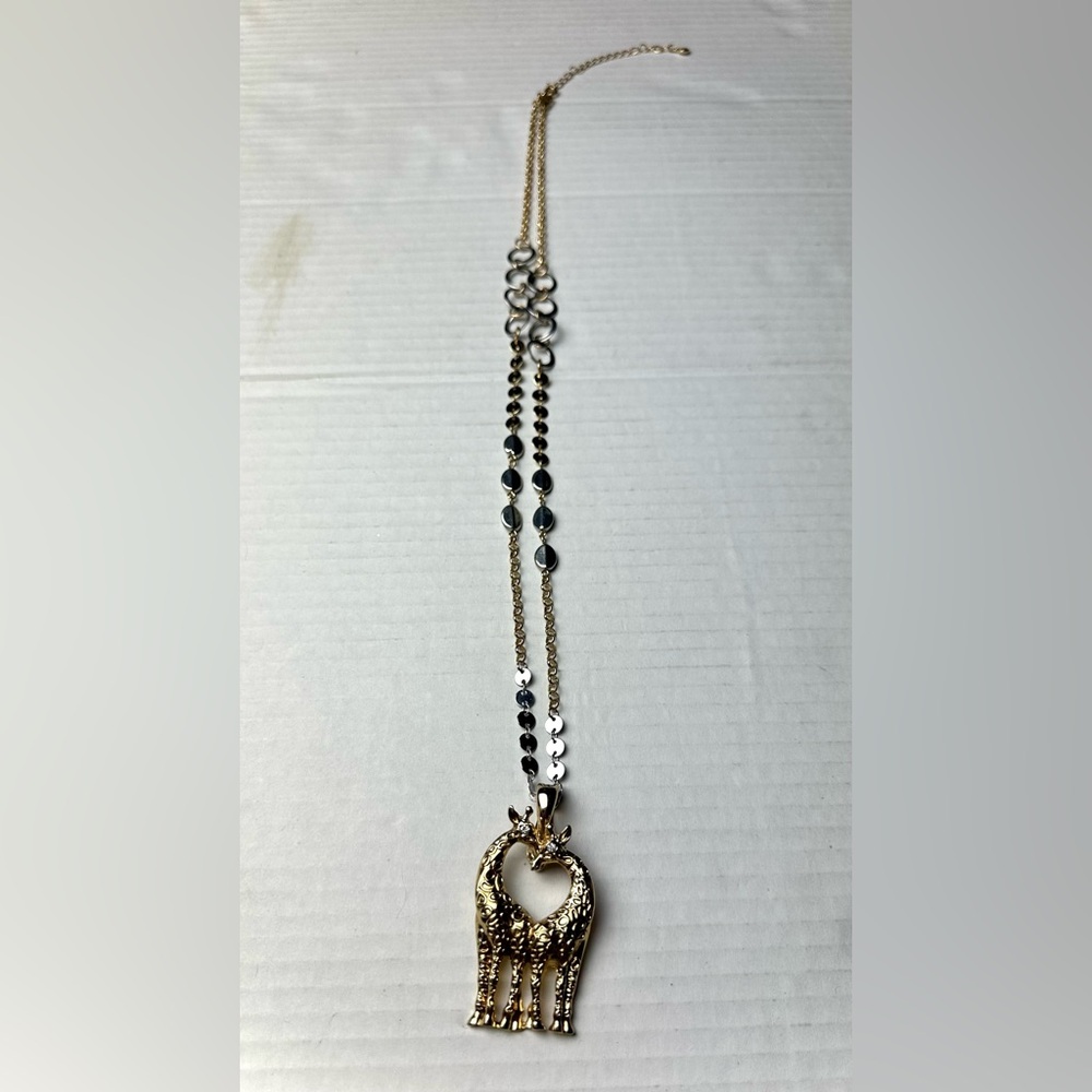 Vintage‎ RMN Giraffes Pendant Necklace Gold Tone Crystal Rhinestone Double Long